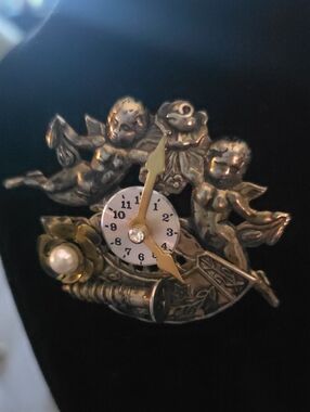 Gold Cherub Clock Brooch Pin - Decorative Home Accent